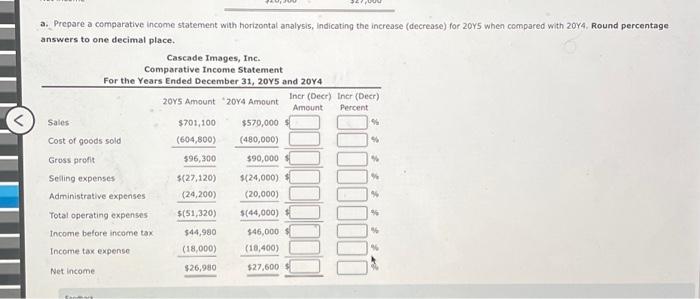 a. Prepare a comparative income statement with horizontal analysis, indicating the increase (decrease) for \( 20 y 5 \) when