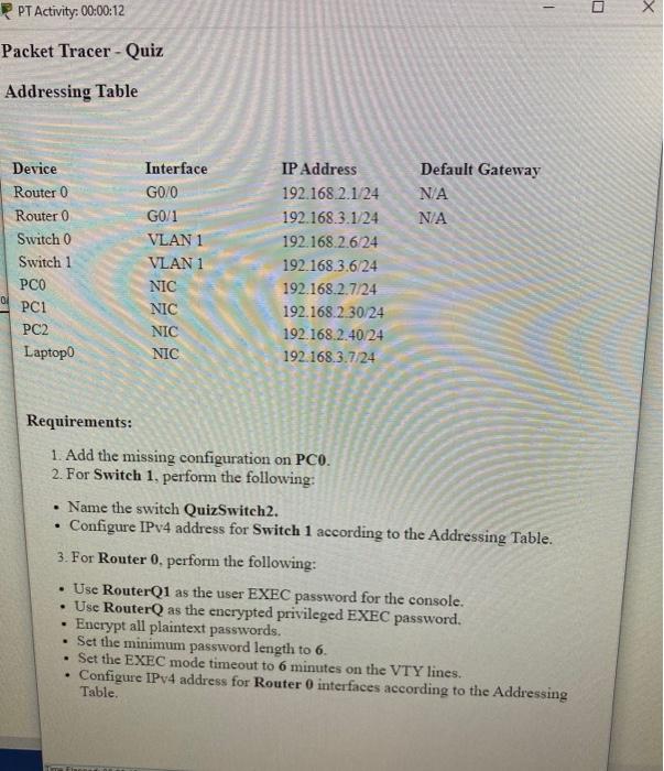 Solved Packet Tracer Quiz Addressing Table Requirements