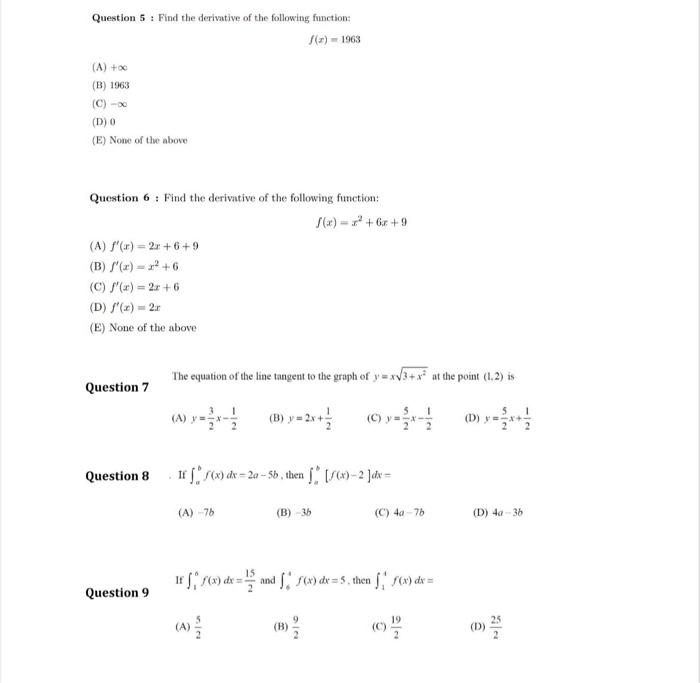 Solved Question 5 : Find the derivative of the following | Chegg.com