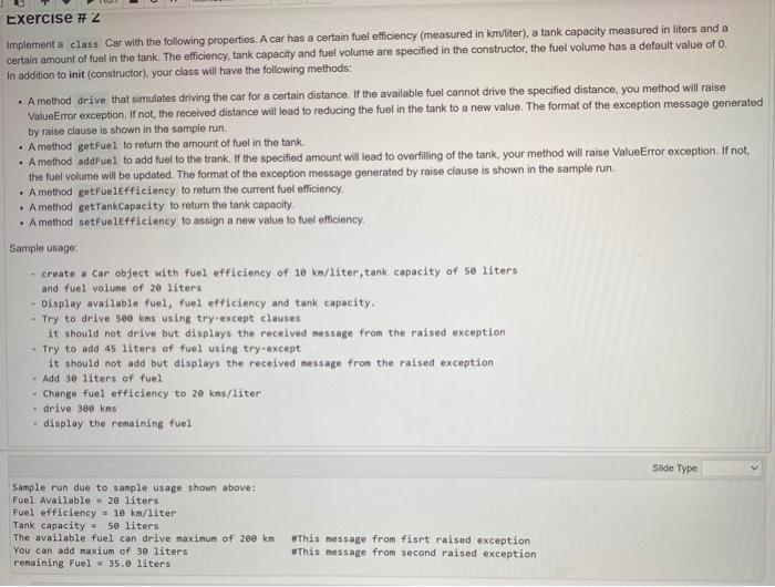 Solved Exercise \# 2 Implement a class Car with the | Chegg.com