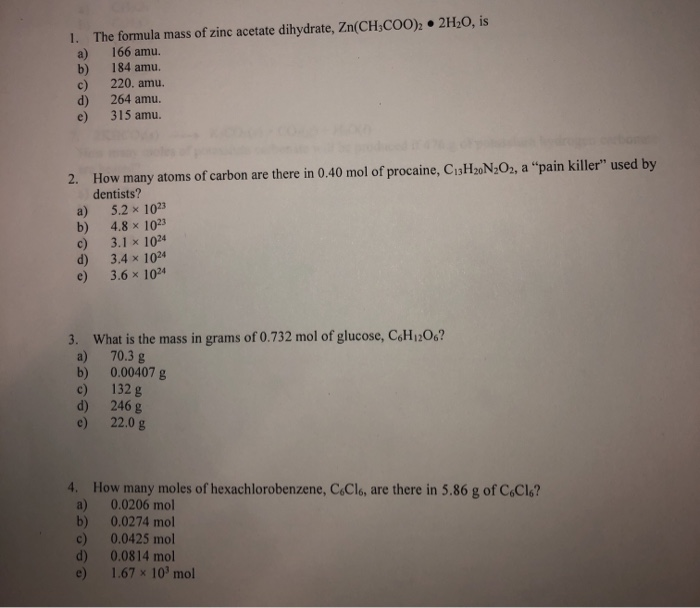Solved 1. The formula mass of zinc acetate dihydrate,
