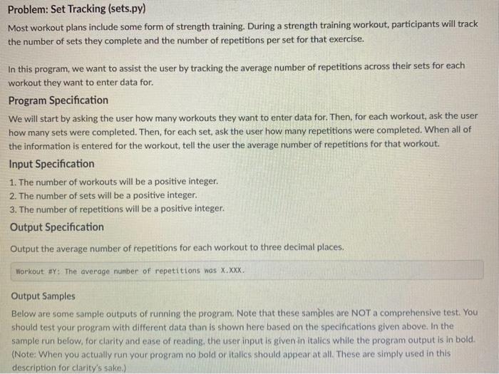 Solved Problem: Set Tracking (sets.py) Most workout plans | Chegg.com