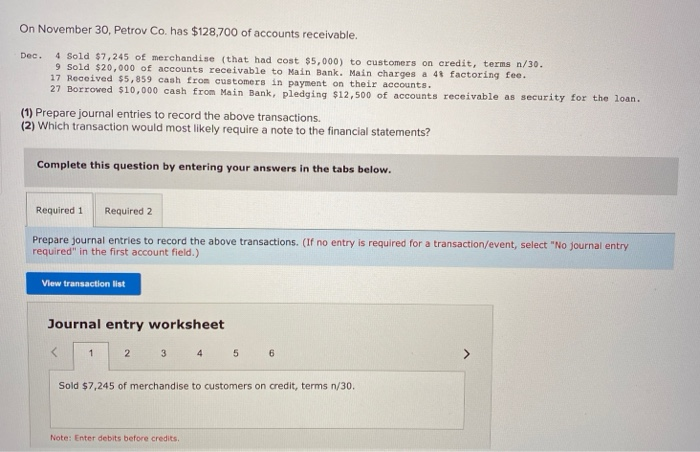 Solved On November 30 Petrov Co Has 128 700 Of Accounts Chegg Com