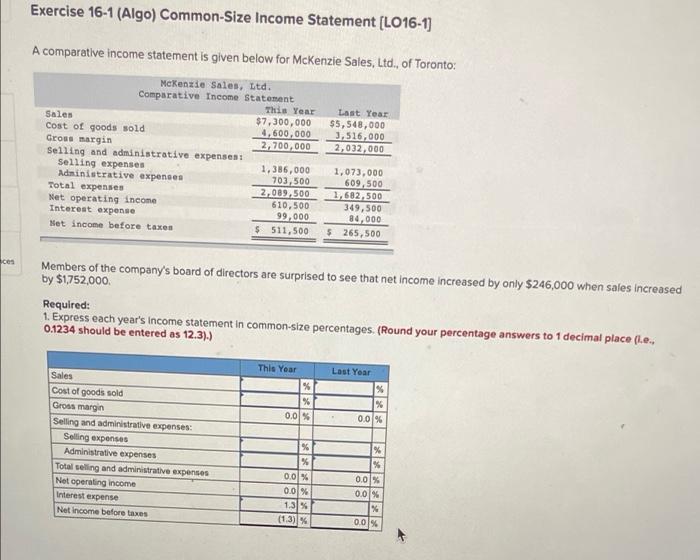 Solved Exercise 16-1 (Algo) Common-Size Income Statement | Chegg.com