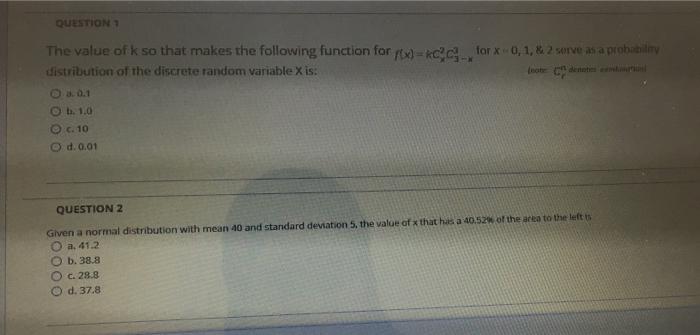 Solved QUESTION The value of k so that makes the following | Chegg.com