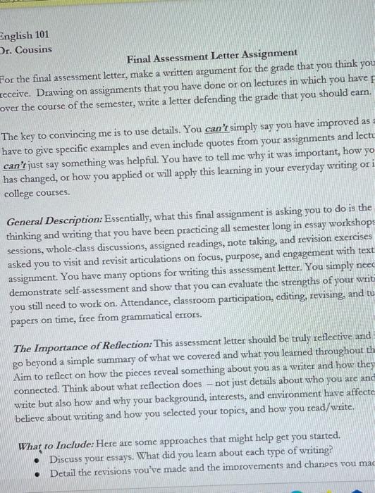 Solved English 101 Final Assessment Letter Assignment think | Chegg.com