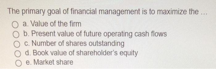 Solved The primary goal of financial management is to | Chegg.com