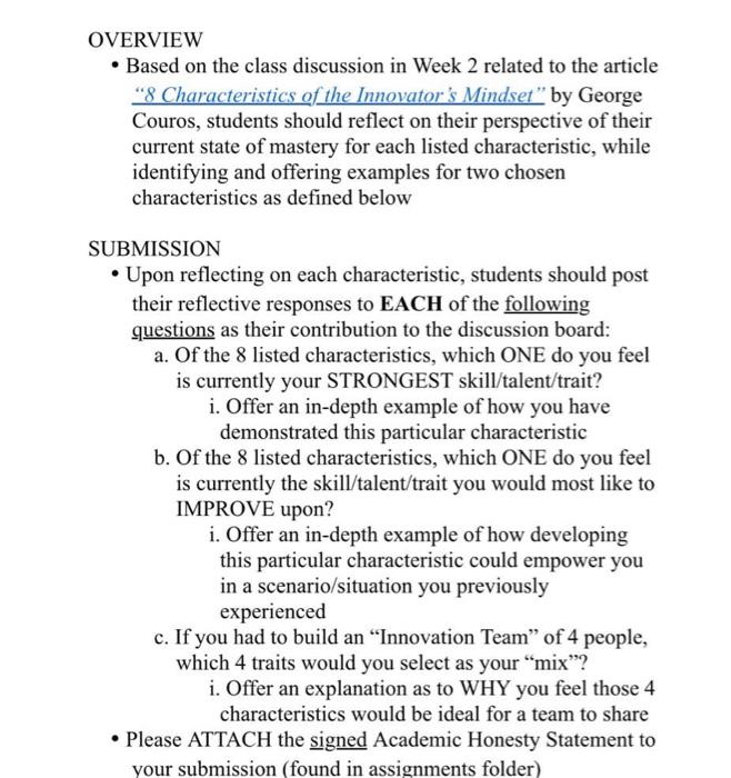 Solved OVERVIEW - Based on the class discussion in Week 2 | Chegg.com