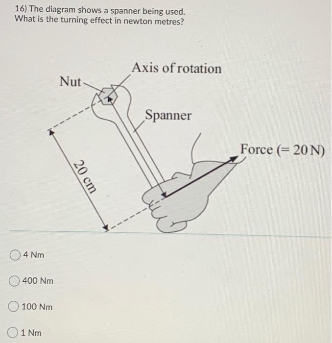 Solved 16) The diagram shows a spanner being used. What is | Chegg.com