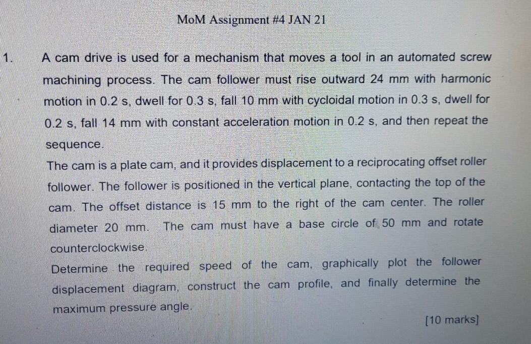 Solved MOM Assignment 4 JAN 21 1. A cam drive is used for a