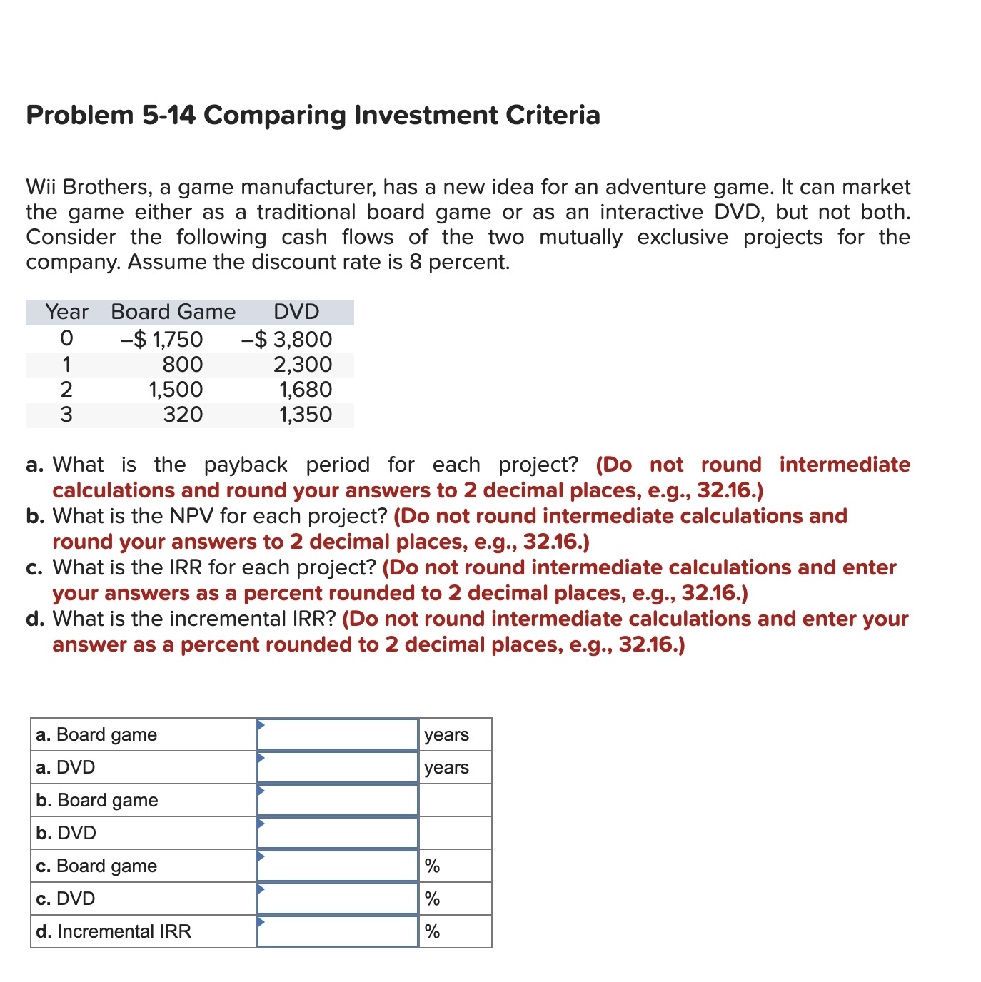 Solved Problem 5-14 ﻿Comparing Investment CriteriaWii | Chegg.com