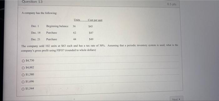 Solved Question 13 0.5 pts A company has the following: | Chegg.com