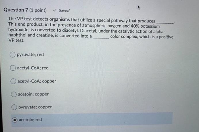 Solved Question 7 (1 point) Saved The VP test detects | Chegg.com