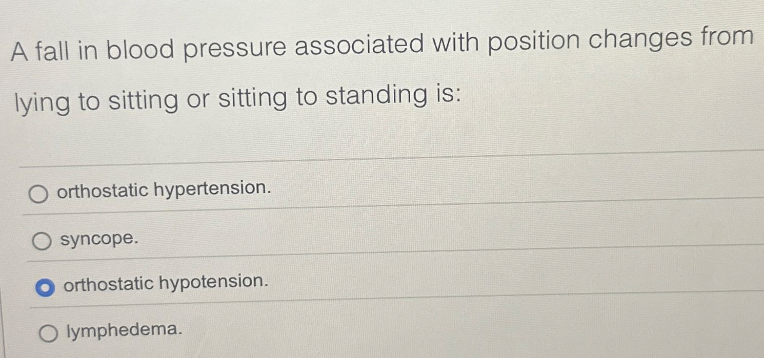 Solved A fall in blood pressure associated with position | Chegg.com