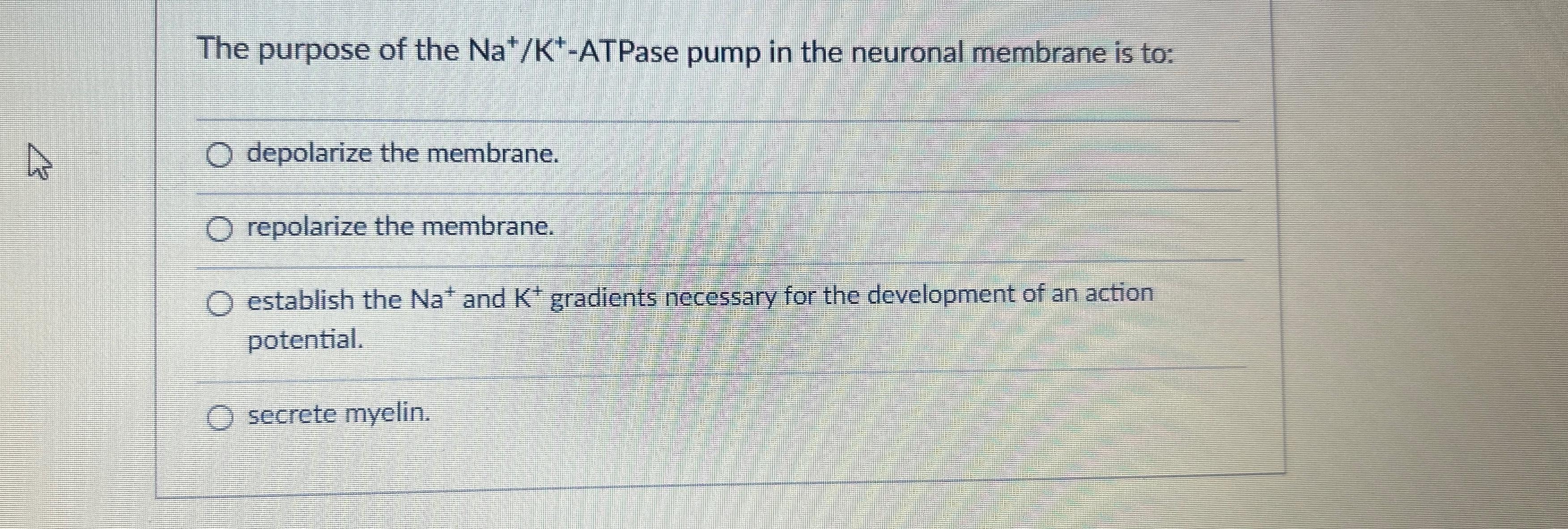 Solved The purpose of the Na+K+-ATPase pump in the neuronal | Chegg.com