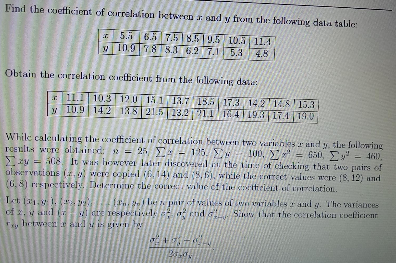 Solved Find the coefficient of correlation between 1 and y | Chegg.com