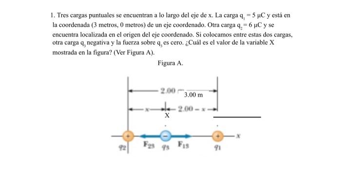 1. Tres cargas puntuales se encuentran a lo largo del eje de \( \mathrm{x} \). La carga \( \mathrm{q}_{1}=5 \mu \mathrm{C} \)