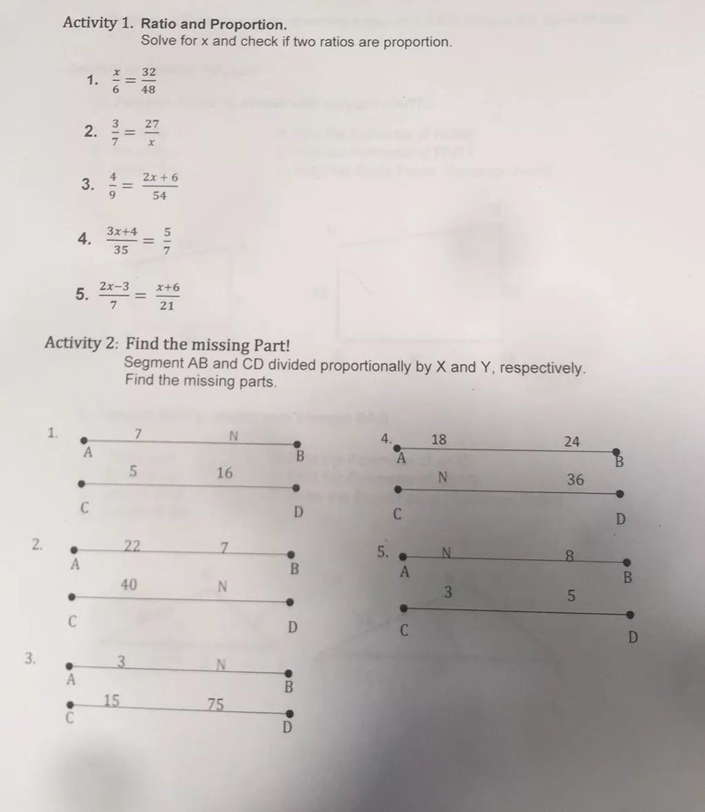 Solved Activity 1. Ratio and Proportion. Solve for x and | Chegg.com