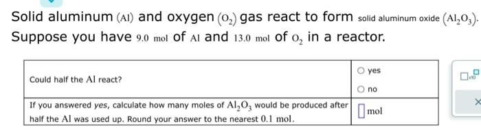 Solved Solid aluminum (AI) and oxygen (O2) gas react to form | Chegg.com