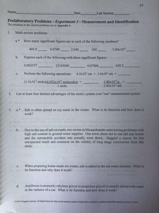 Solved 37 Name Date Lab Section Prelaboratory Problems - | Chegg.com