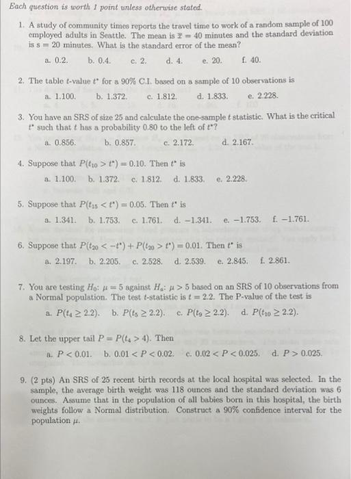 Solved Each question is worth 1 point unless otherwise | Chegg.com