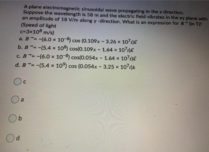 Solved A Plane Electromagnetic Sinusoidal Wave Propagating