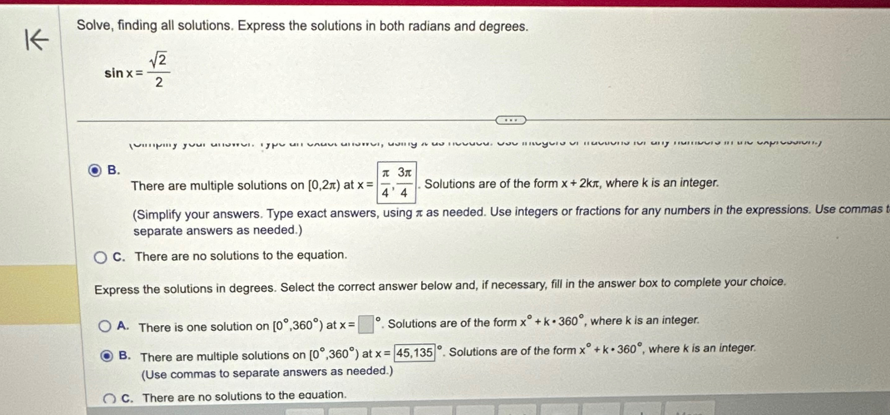 Solved Solve, finding all solutions. Express the solutions | Chegg.com