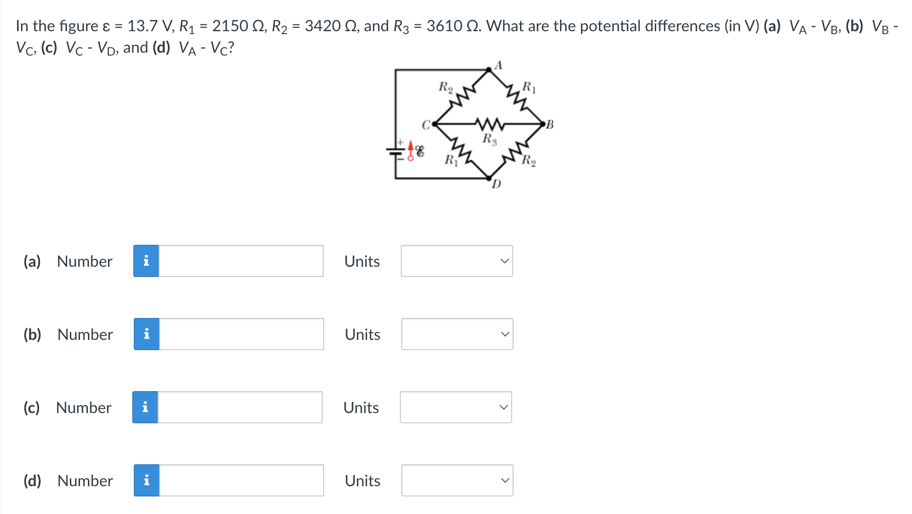 Solved In The Figure ε=13.7 V,R1=2150Ω,R2=3420Ω, And | Chegg.com