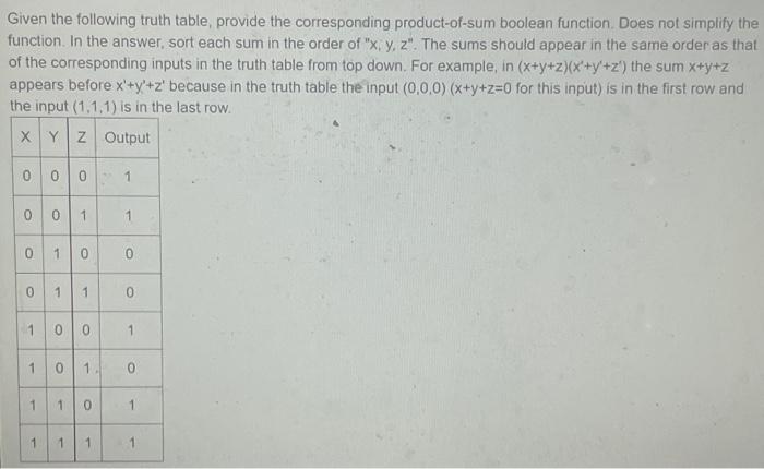 Solved Given the following truth table, provide the | Chegg.com