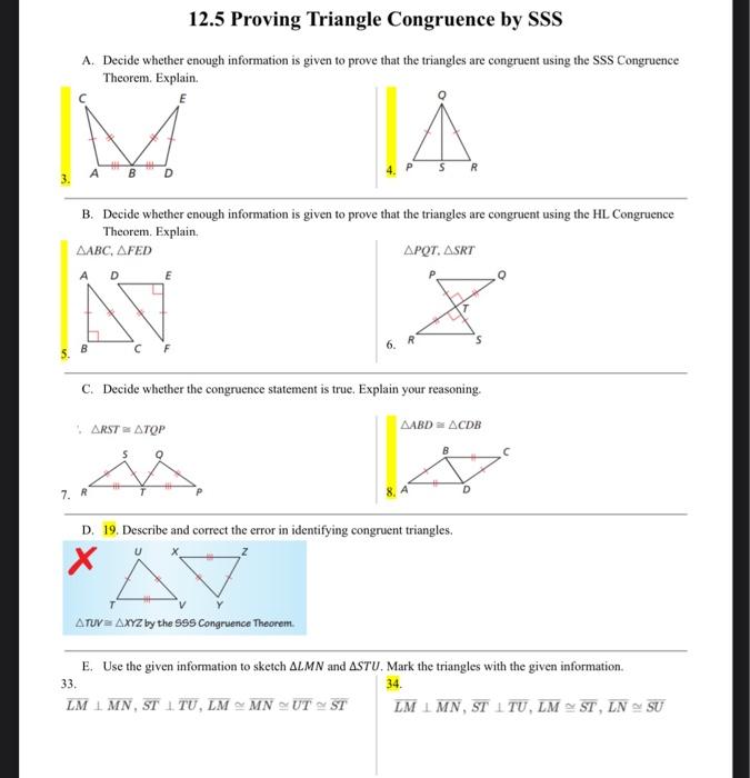 Solved 12.5 Proving Triangle Congruence by SSS A. Decide