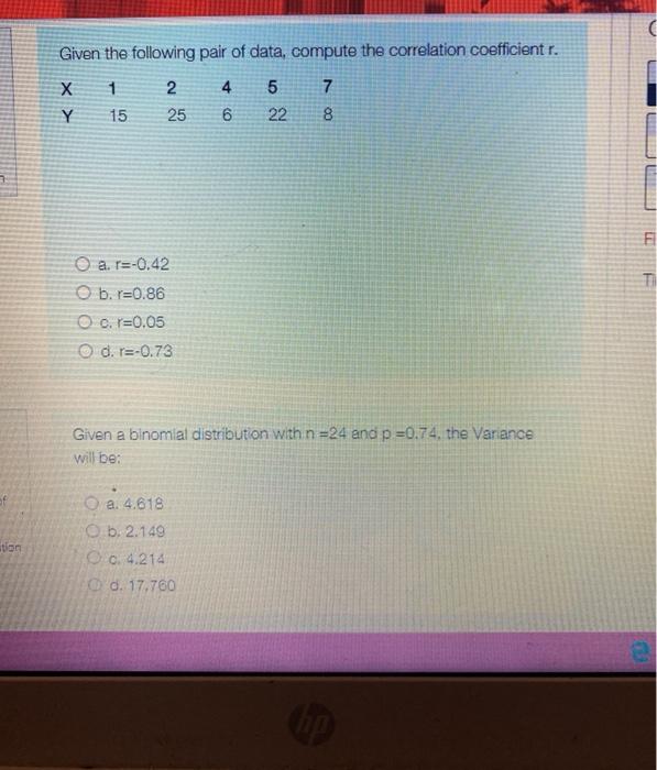 Solved C Given The Following Pair Of Data Compute The Co Chegg Com