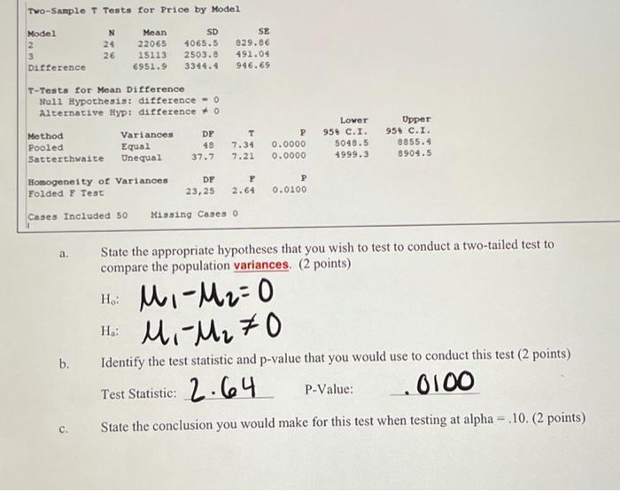 Solved TWO-Sample T Tests for Price by Model SD Model 2 3 | Chegg.com