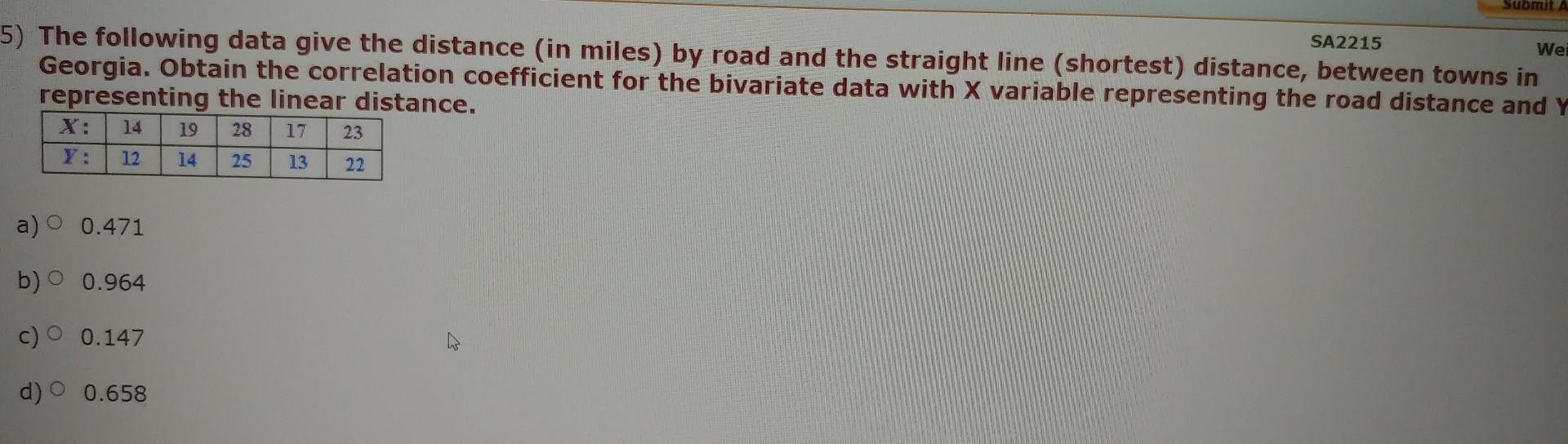 Solved The following data give the distance (in miles) by | Chegg.com
