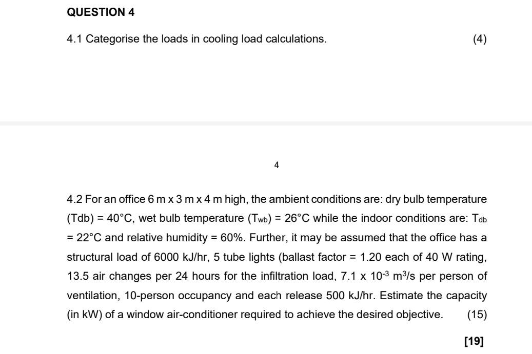 Solved QUESTION 4 4.1 Categorise The Loads In Cooling Load | Chegg.com