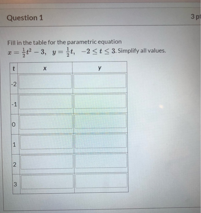Solved Question 1 3 p Fill in the table for the parametric | Chegg.com