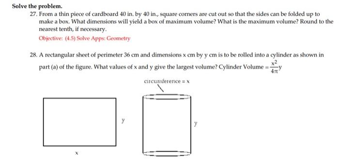 Solved Solve the problem. 27. From a thin piece of cardboard | Chegg.com