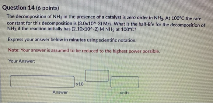Solved Question 14 (6 points) The decomposition of NH3 in | Chegg.com