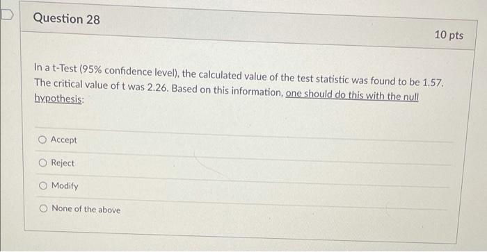 Solved D Question 28 10 pts In a t-Test (95% confidence | Chegg.com