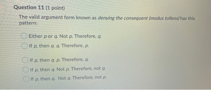 Solved Question 11 1 Point The Valid Argument Form Known Chegg Com