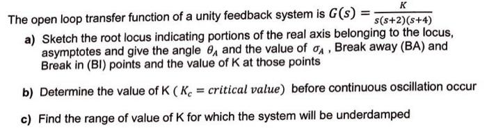 Solved The open loop transfer function of a unity feedback | Chegg.com