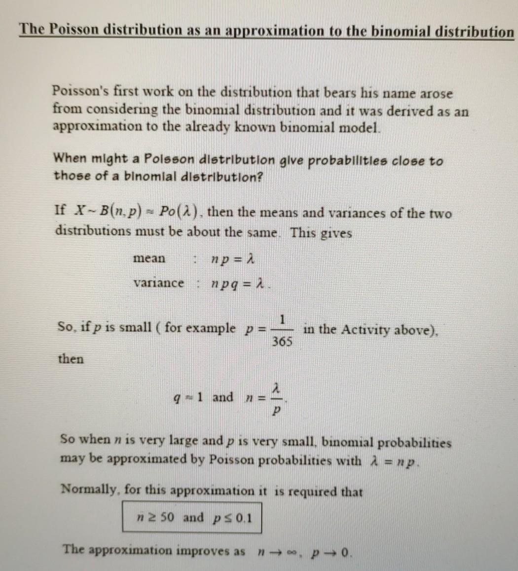 Solved The Poisson Distribution As An Approximation To The | Chegg.com