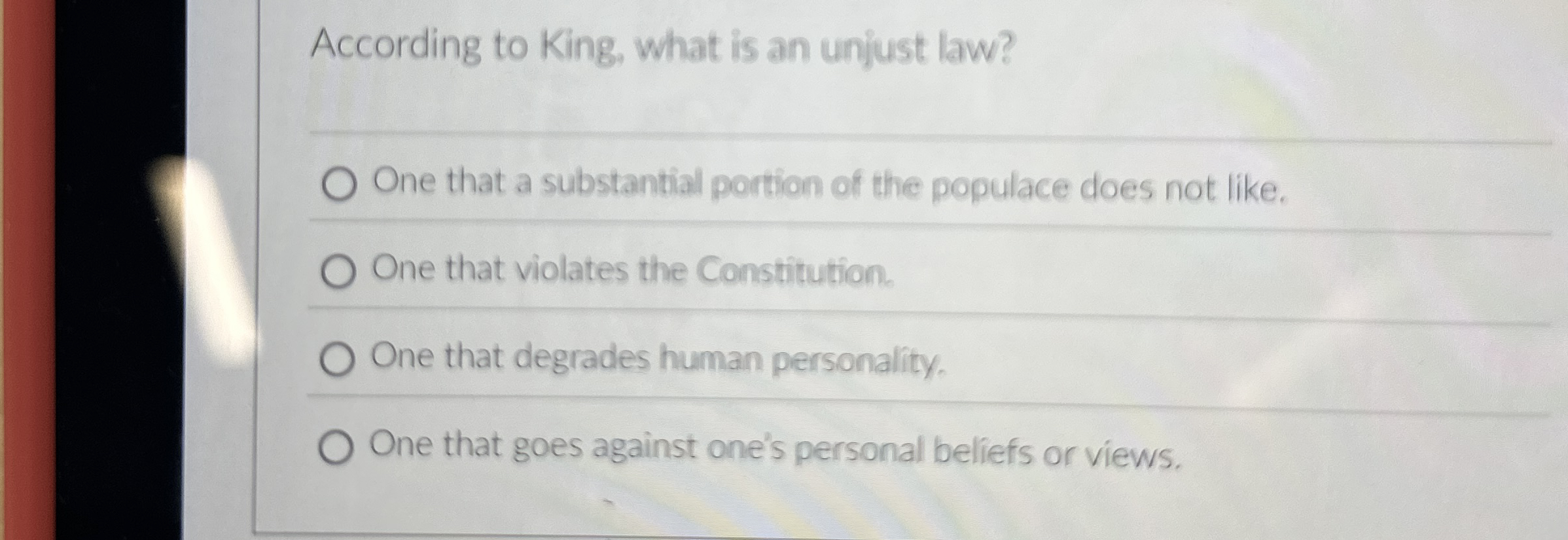 Solved According to King, what is an unjust law?One that a | Chegg.com