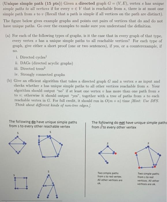 Solved (Unique simple path (15 pts)) Given a directed graph | Chegg.com