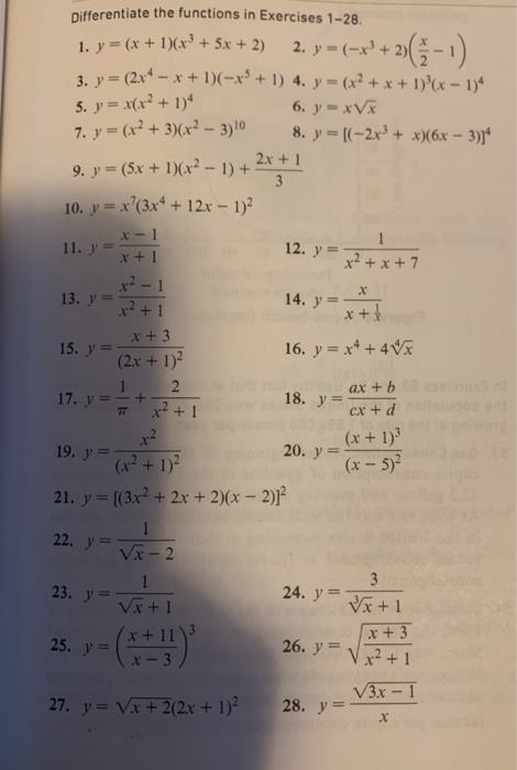 Solved Differentiate The Functions In Exercises 1 28 1 Y Chegg Com