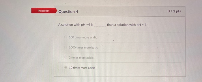 Solved Incorrect Question 4 0/1 pts A solution with pH =4 is | Chegg.com