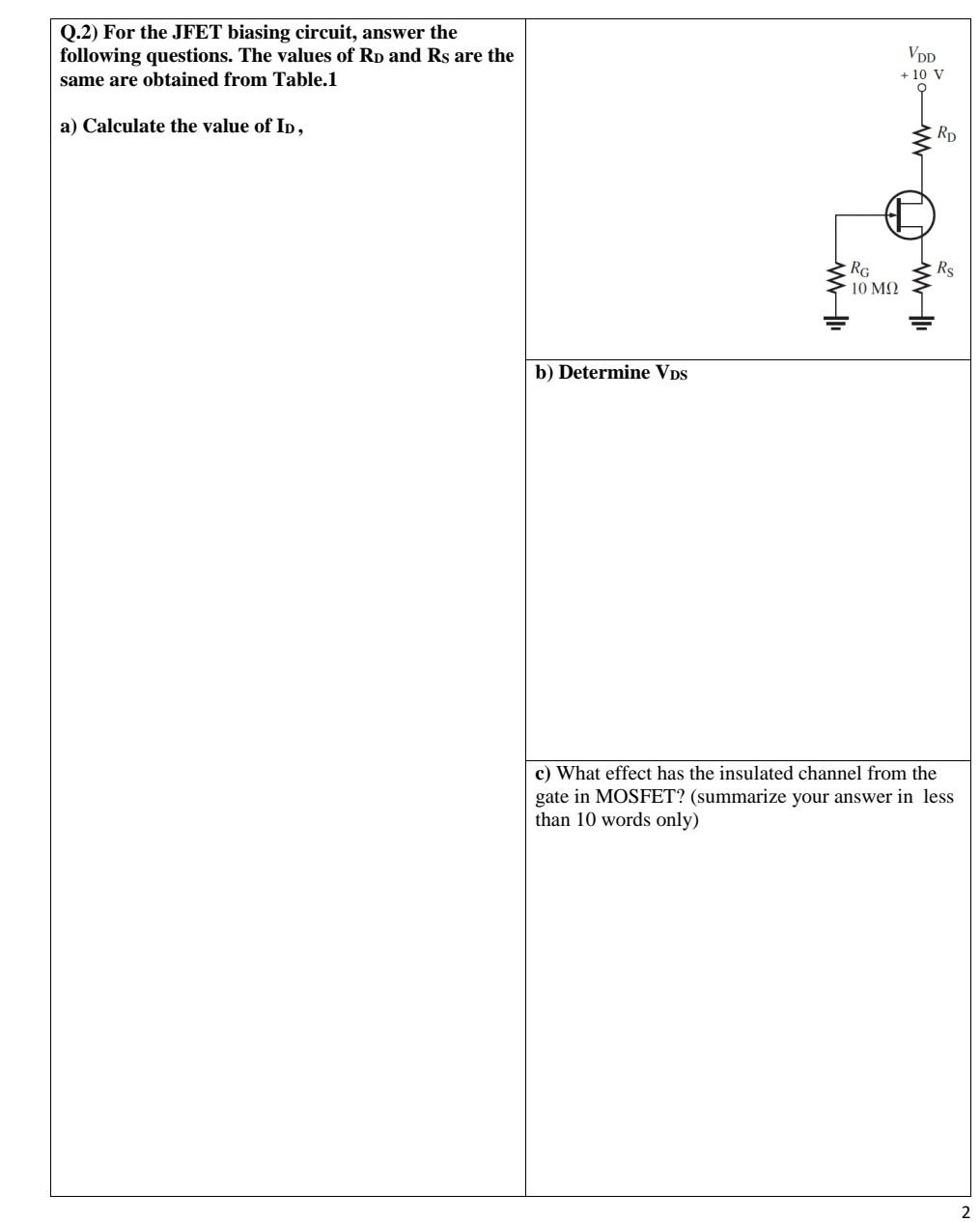Solved Q.2) For the JFET biasing circuit, answer the | Chegg.com