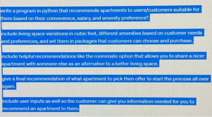Solved write a program in python that recommends apartments | Chegg.com