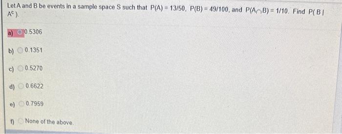 Solved Let A and B be events in a sample space S such that | Chegg.com