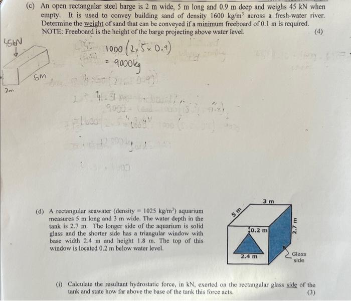 Solved (c) An open rectangular steel barge is 2 m wide, 5 m | Chegg.com