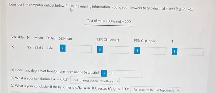Solved Consider the computer output below. Fill in the | Chegg.com